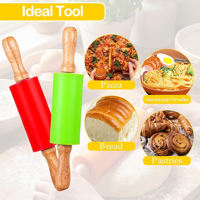 10Pcs 9 Inch Mini Rolling Pins, Non-Stick Silicone Rolling Pins with Wooden Handle, 5 Colors for Baking Cookies, Dough, Fondant & Craft Clay