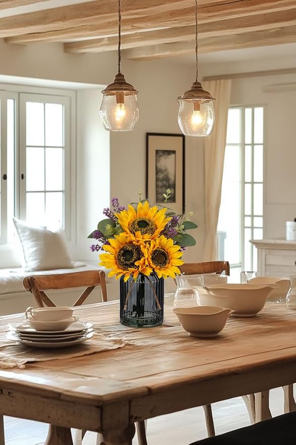 Oairse Fake Flowers in Vase, Sunflowers Artificial Flowers with Vase Sunflowers Centerpieces for Table Silk Flower Arrangement for Farmhouse Home Kitchen Bathroom Wedding Party Dining Room Decor