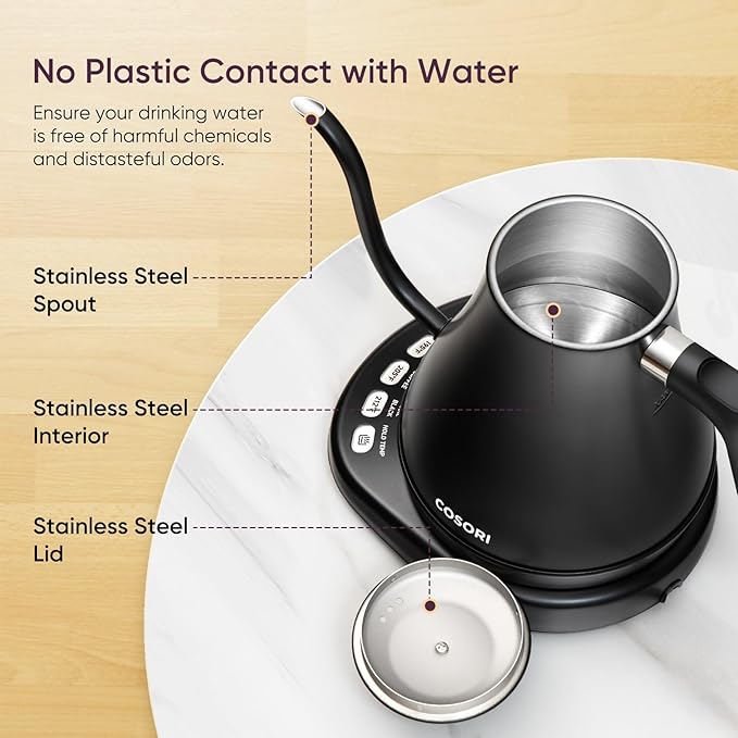 Cosori Electric Gooseneck Kettle with 5 Temperature Control Presets, Pour Over Kettle for Coffee & Tea, Hot Water Boiler, 100% Stainless Steel Inner Lid & Bottom, 1200W, 0.8L, Black