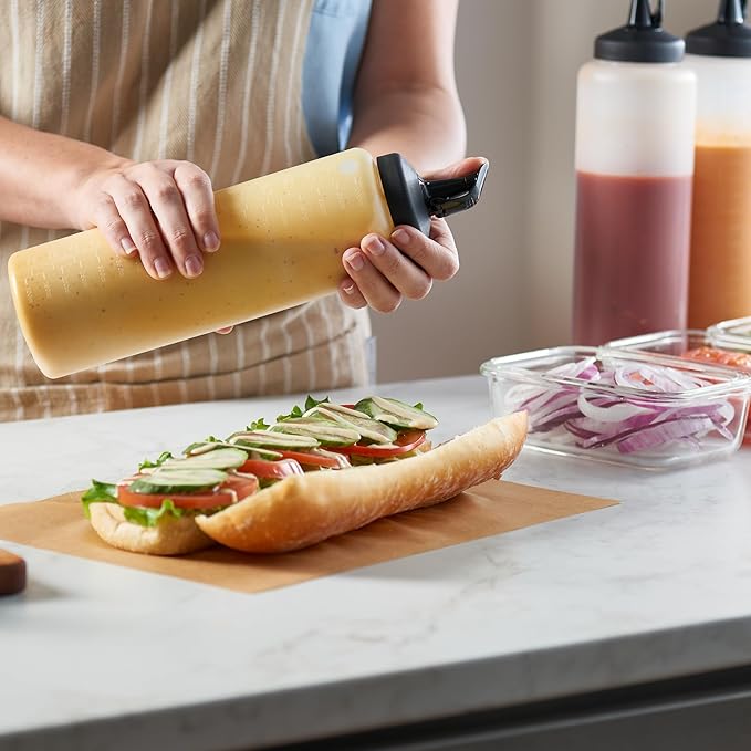 MIGHTY STRONG Condiment Squeeze Bottles - 32 Oz Squirt Bottles for Liquids, Easy Pour Sauce Bottles with Leak Proof Snap Cap