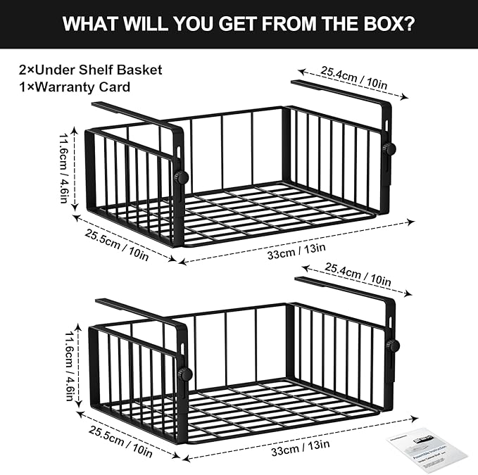 AmonHouseware 2Pack Under Shelf Basket Organizer,Adjustable Hanging Holder Storage for Cabinet Pantry Kitchen Cupboard Desk Counter Bookshelf Organization Add-on Space Saver Heavy Duty Slide-in,Black