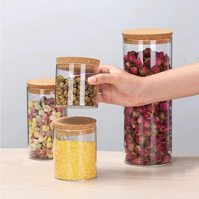 Airtight Glass Storage Containers with cork Lid, for Kitchen Pantry Organization and Storage jar,Ideal for Coffee Beans Snacks Flour Cereal Sugar Tea 16oz. (Circular 3.9 * 3.3in*2pcs)