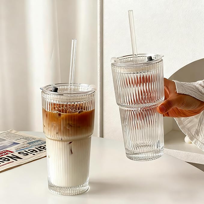 2 Pack Iced Coffee Cup with Lids, 20oz Clear Glass Tumbler with Straw & Lid, Ribbed Glassware Cups, Dishwasher Safe Drinking Glasses, Stylish Glass Cups for Coffee, Juice, Tea, Matcha