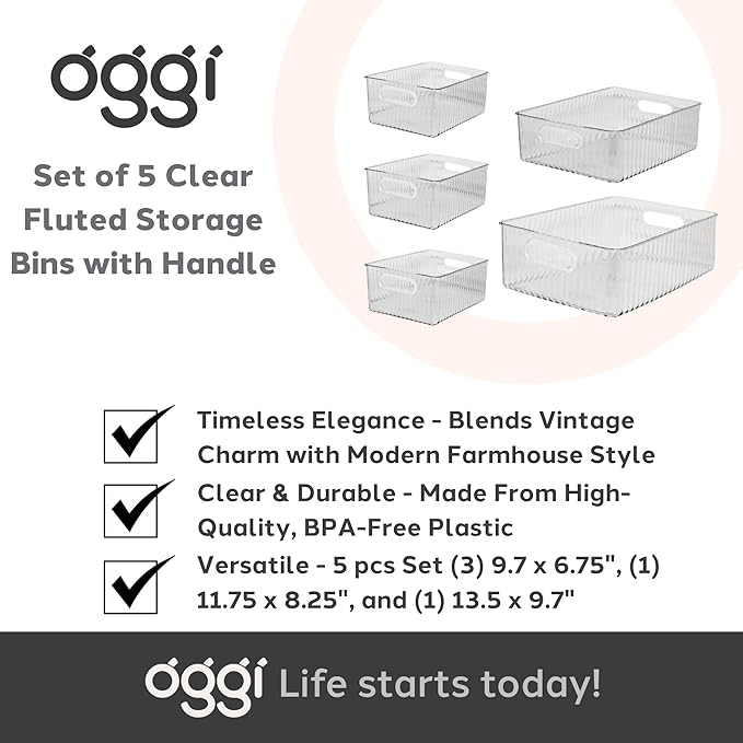 Oggi Set of 5 Clear Fluted Storage Bins with Handle - Durable Plastic Organizers for Fridge, Pantry, Cabinets & Countertop, Modern Farmhouse Style, 5 Sizes for Kitchen Organization and Storage