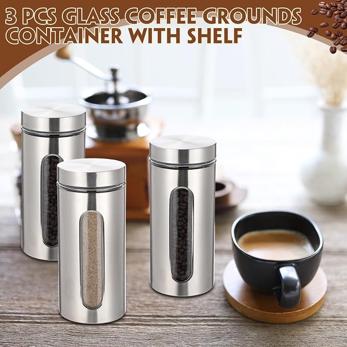 Suclain Stainless Steel Coffee Grounds Canisters with Shelf 3 x 50oz Sugar Coffee Bean Storage Container with Airtight Threaded Lid Glass Window Scoop Kitchen Jar Set for Bar Creamer Nut Tea