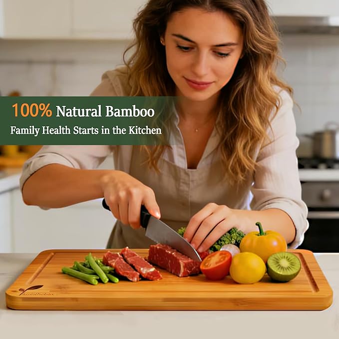 Cutting Boards for Kitchen, Bamboo Cutting Board Set of 3 with Storage Stand, Carbonized Chopping Boards with Deep Juice Grooves and Handles for Meat, Bread, Dough Kneading and Food Prep