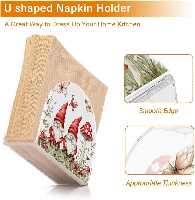 Fustylead Cute Red Gnomes with Mushroom Butterflies Napkin Holder for Table Acrylic Cocktail Napkin Holders Small Decorative Napkin Dispenser for Home Party Holiday Dining Kitchen Accessories