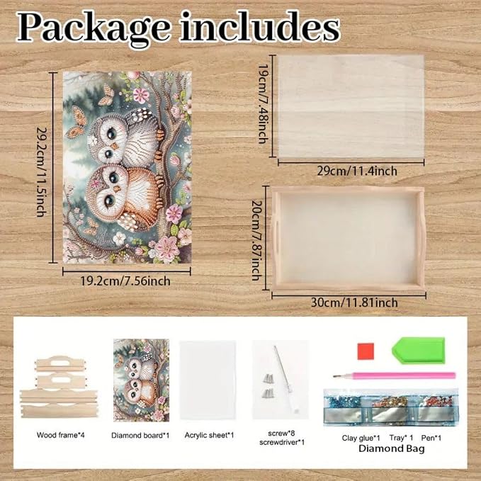 DIY Diamond Serving Tray Rectangular Breakfast Tray with Handle Handmade Diamond Art Painting Wooden Tray for Dinner Plate Coffee Room Living Home Organizer-Owl02