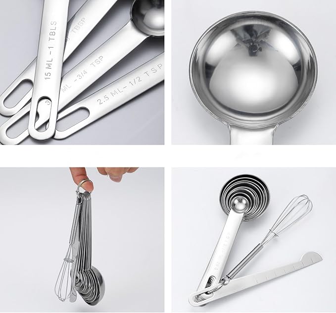 Stainless Steel Measuring Spoons Set - 8 Piece Metal Measuring Spoons with Leveler & Whisk for Cooking & Baking, Kitchen Measuring Spoons Fits Spice Jars, Professional Heavy Duty Gadgets