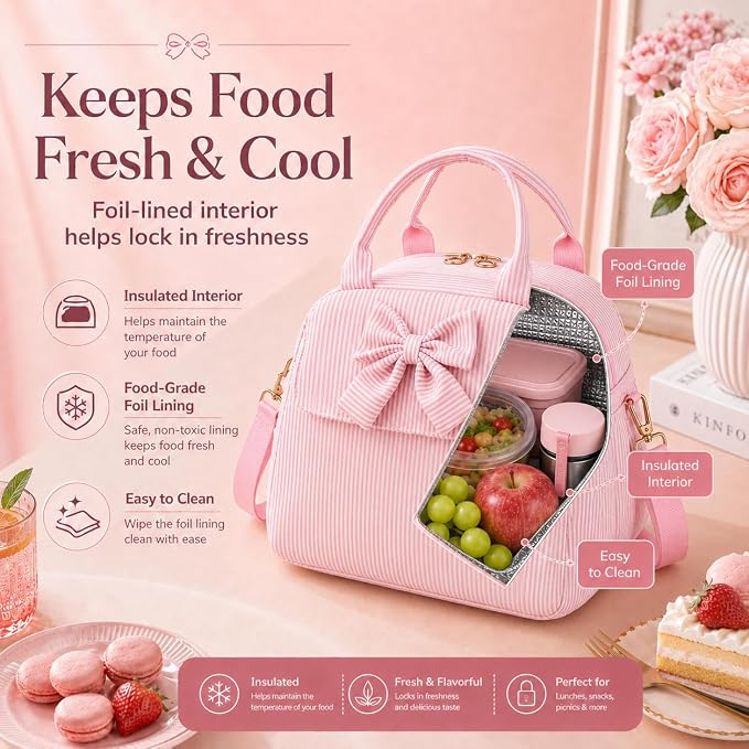 LEDAOU Lunch Box for Women, Insulated Lunch Bag for Women, Cute Small Pink Lunch Tote Bag for Work with Bow, Lunch Purse with Shoulder Strap, Reusable Lunchbox for Office, Teacher, Nurse