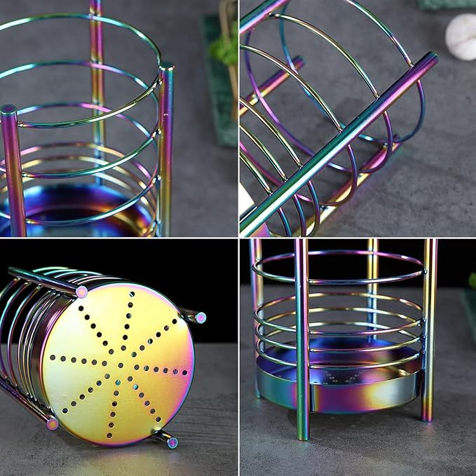 Rainbow Kitchen Utensil Holder for Kitchen Counter, Stainless Steel Utensil Crocks, Rainbow Titanium Coating Utensil Storage Caddy Organizer, Cooking Utensil Holder, Easy Cleaning(Rainbow/7.4''x5.2'')
