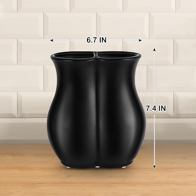 2026 Upgraded Vintage Kitchen Utensil Holder - Ceramic Utensil Crock Dual Compartment Curved, Modern Countertop Organizer for Farmhouse/Rustic Kitchen Decor(Matte Black)