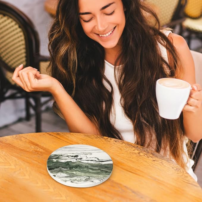 6 Pcs Green Ceramic Coasters with Holder Round Cool Drink Best Modern Absorbent Coaster Set for Coffee Table, Art Decorative Coasters, Bar, Farmhouse, Outdoor Cup Coaster Gifts