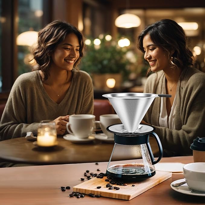 Pour Over Coffee Dripper, Stainless Steel Coffee Filter, Paperless Reusable Coffee Filter, Double Micromesh 600 Mesh Strainer Coffee Maker with Heat-Resistant Silicone Handle & Base for 1-2 Cup