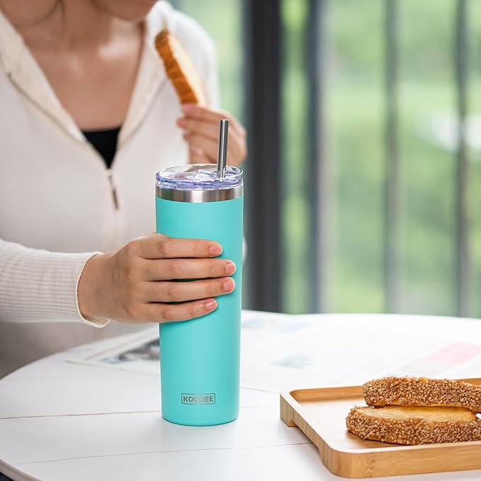 koodee Tumbler with Lid and Straw-20 oz Stainless Steel Vacuum Insulated Coffee Traver Mug, Beach Cup Tumbler(Mango Yellow)