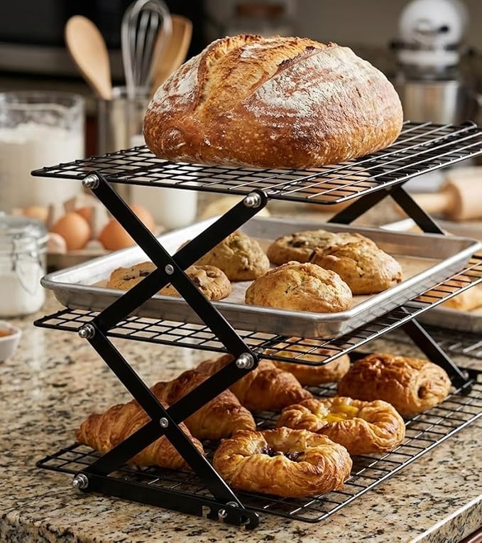 3 Tier Collapsible Cooling Rack, Adjustable Stackable Wire Cooling Racks for Baking, Tight-Grid Cookie Cooling Rack, Space-Saving Baking Rack for Small Kitchen, Camping & BBQ