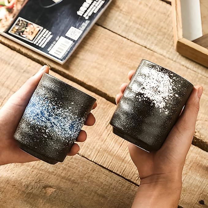 Japanese Tea Cup Set of 2, Ceramic Porcelain Tea Mugs No Handle, Asian Model Teacup for Matcha, Green Tea, Cappuccino, Sake (9oz Black)