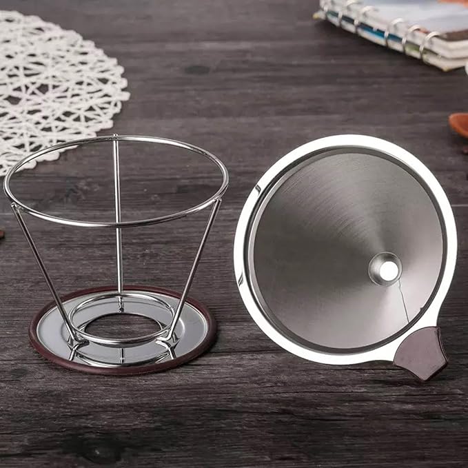 Pour Over Coffee Dripper - 304 Stainless Steel Filter, Paperless & Reusable Dual-Layer Metal with Base, 800 Mesh Steel Cone Filter, for 1-6 Cups Brew Coffee Maker (Brown)