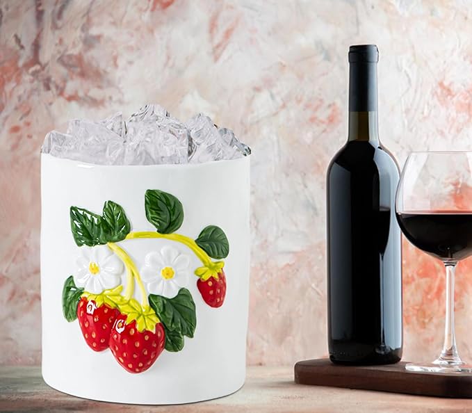 dgudgu Strawberry Kitchen Utensil Holder for Countertop Ceramic Utensil Crock for Kitchen Counter with Carved Strawberry Vine Design White Farmhouse Countertop Organizer for Spoons,Spatulas(white)