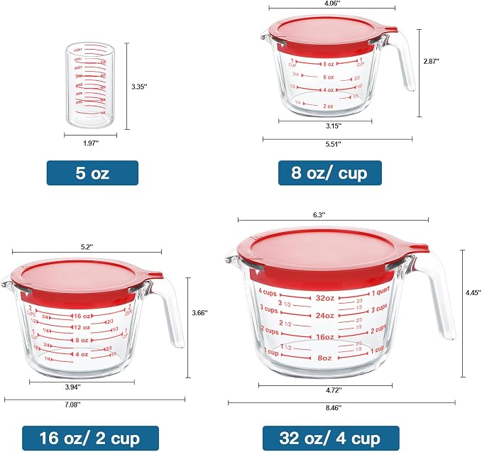 KOMUEE 4 Pieces Glass Measuring Cups Set | 5 Oz, 1-Cup, 2-Cup, 4-Cup Liquid Measuring Cups with Lids for Kitchen, Freezer and Microwave Safe