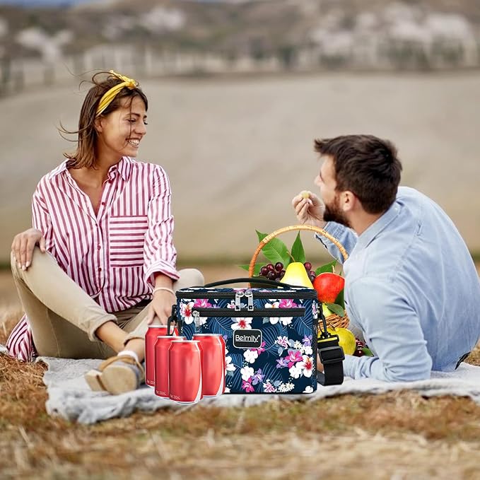 BEIMILY Lunch Box for Men/Women, Small Insulated Lunch Bag, Leak-Proof Soft Cooler Tote Bag, Reusable LunchBox for Work, Travel, Fitness, Picnic with Adjustable Shoulder Strap for Adults(floral white)