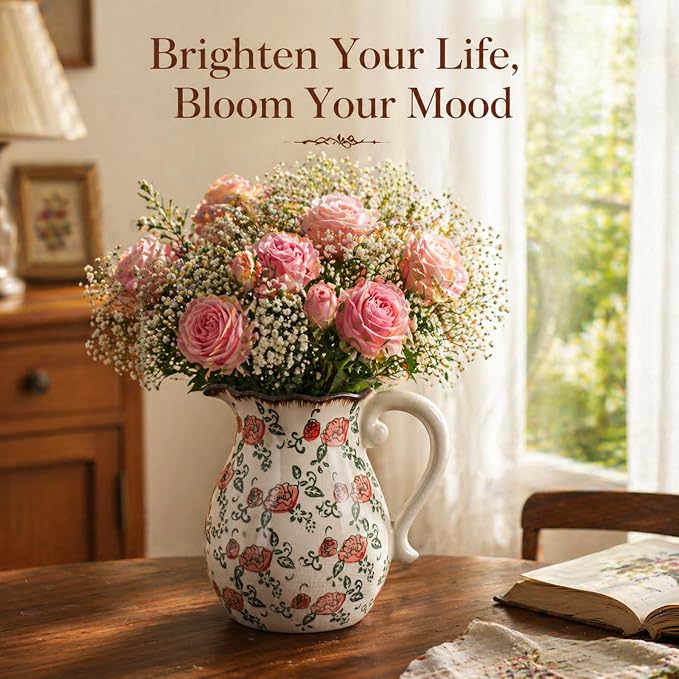 Utensil Holder,Stylish Vintage Ceramic Vase,8.3 Inch Hand-Painted Roses with Ice Crackle Glaze Finish,American Farmhouse Style Pitcher Vase for Home Décor Kitchen Island