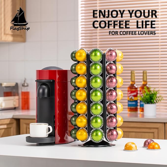 FlagShip for Nespresso Vertuo Pod Storage 360 Degrees Revolving Vertuo Pod Carousel Extra Storage Space,Huge Coffee Pod Organizer Black Metal(80+ Pods Capacity)