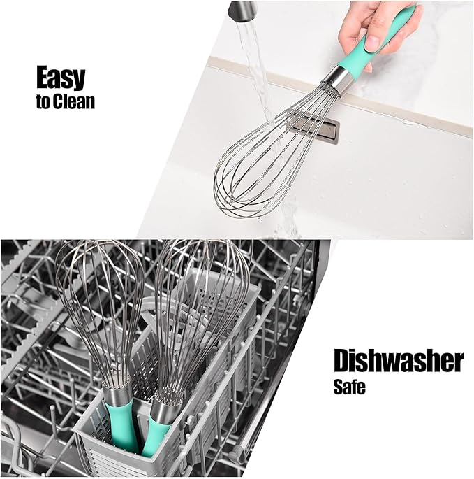 18/8 Stainless Steel Balloon Whisk, Kitchen Whisk for Cooking Handheld Egg Beater with Rust-Proof Sturdy Wires & Non-Slip Silicone Handled(Aqua Sky,M)