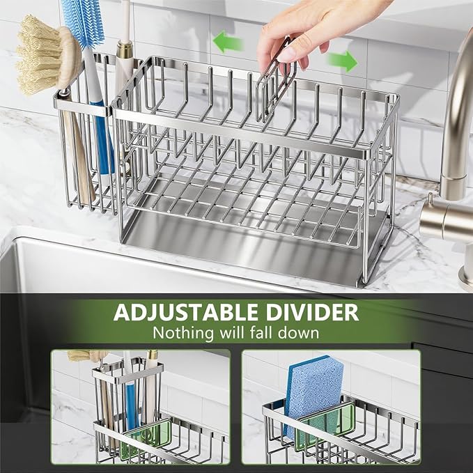 Cisily Silver 2-Tier Kitchen Sink Caddy Organzier Rack with Flexible Dish Brush Holder, Sponge Holder for Kitchen Sink Countertop Organization Storage,Home Decor Stainless Steel