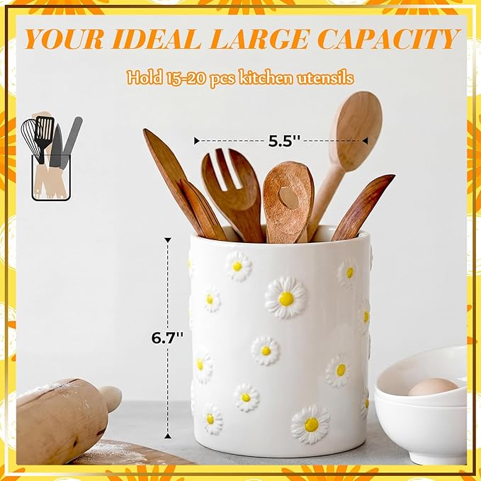 LemonRoad Daisy Utensil Holder for Kitchen Counter,Ceramic Cooking Utensil Crock Modern Farmhouse Countertop Organizer for Spatula Ladle Kitchen Counter Decor
