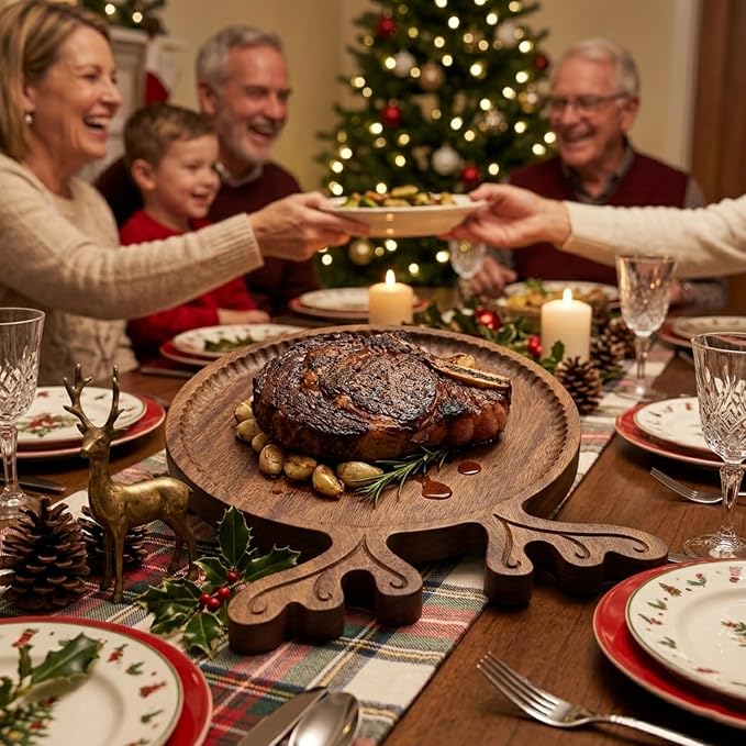 Acacia Wood Serving Board, 11.8" Unique Reindeer Deer Antler Shape Wooden Platter with Fluted Edge, Decorative Round Wood Charcuterie Board for Snacks, Cheese, Holiday Table Centerpiece