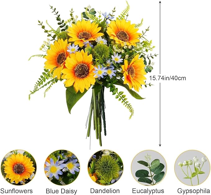 HUAESIN 15" Sunflowers Artificial Spring Flowers Bouquets Grave Flowers for Cemetery Faux Silk Flower Arrangements for Vase Home Kitchen Table Centerpieces Wedding Party Summer Decor