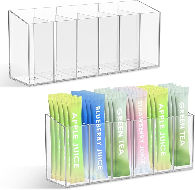 2Pcs Transparent Tea Packet Storage Container Plastic Coffee Packet Holder Organizer Clear Pantry Organizer Bin with 5 Removable Dividers
