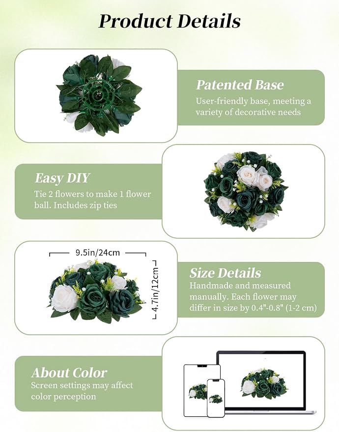 BLOSMON Green Flowers Artificial for Decoration: 2 Pcs Fake Rose Balls Table Centerpiece for St Patricks Day Home Decor - Faux Silk Kissing Bouquet Floral Arrangement for Wedding Party Event Decor