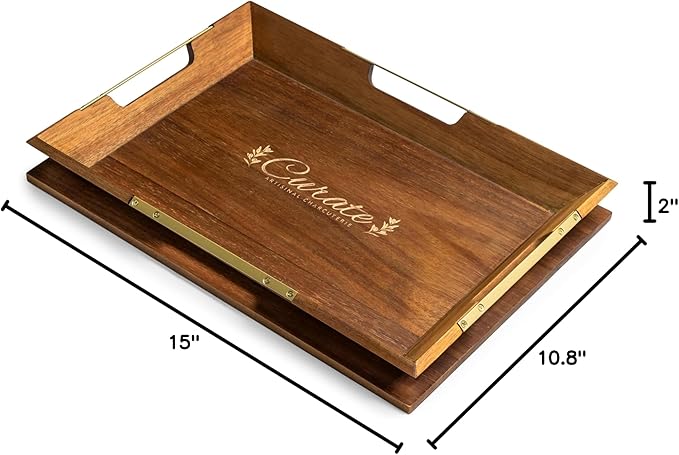 Curate Small Acacia Wood Serving Tray with Handles for Coffee Table, Breakfast & Dinner, Rustic Decorative Wooden Serving Tray for Kitchen, Dining & Charcuterie Boards, (15" x 10.8" x 2")