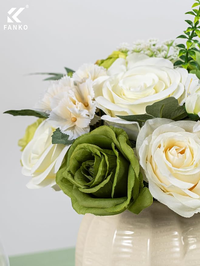 FANKO Artificial Flowers for DIY, Green White Faux Flowers Bouquet, Fake Rose Dahlia Daisy Hydrangea Silk Flowers for Vase, Home Decor, Garlands, Garden Wedding, Party, Housewarming