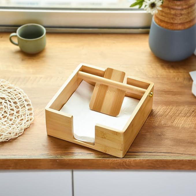 Natural Bamboo Napkin Holder for Table, Napkin Dispenser, Decorative Beverage Napkin Holder for Kitchen, Home,Bar (Natural)