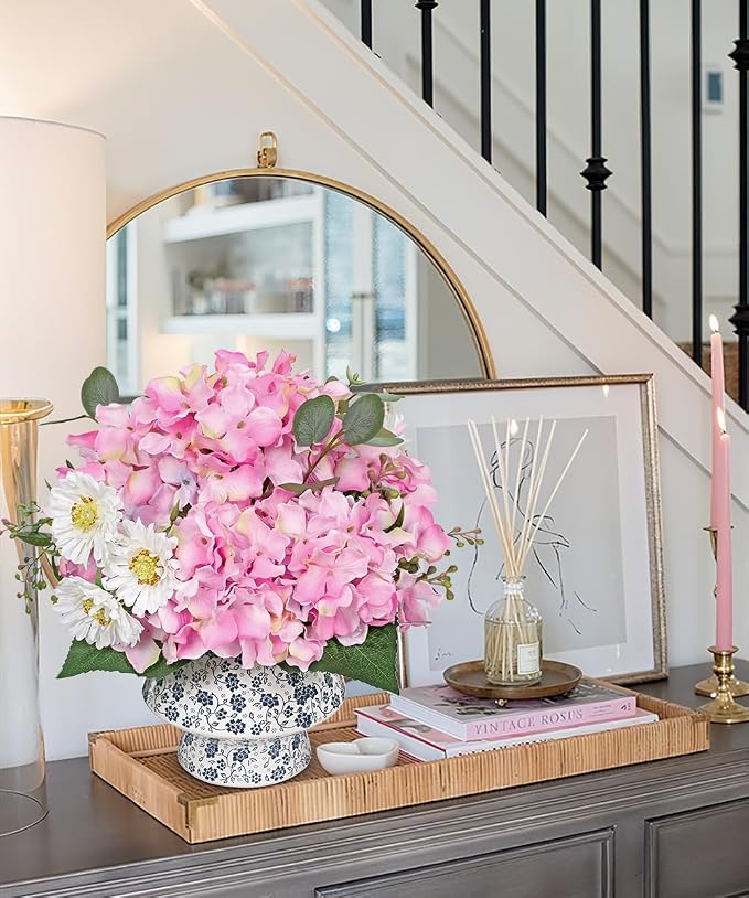 Briful Centerpiece for Dining Table with Faux Hydrangea, Artificial Pink Hydrangea Arrangement in Blue & White Vase, Dining Table Decor Farmhouse Coffee Table Decor, Fake Flowers in Vase Home Decor