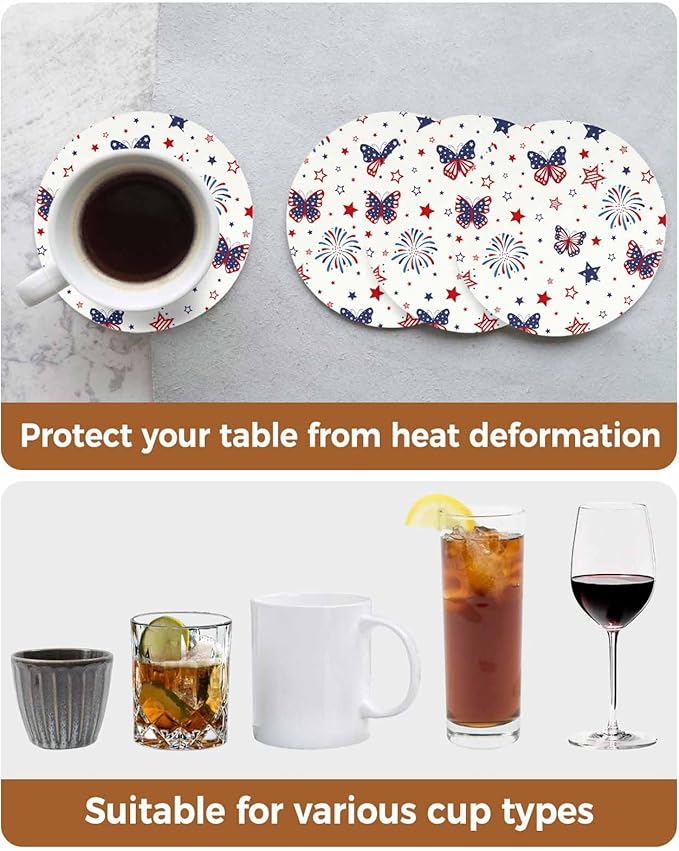 4th of July Coasters Set of 4 Stars Firework Butterfly Slate Drink Coasters with Holder Absorbent Stone Ceramic Cup Mat Blue Red Independence Day Coasters for Drinks Coffee Bar Office Decor Gifts