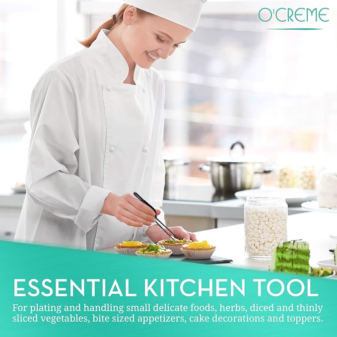 O'Creme 8 Inch Stainless Steel Precision Kitchen Culinary Offset Tweezer Tongs