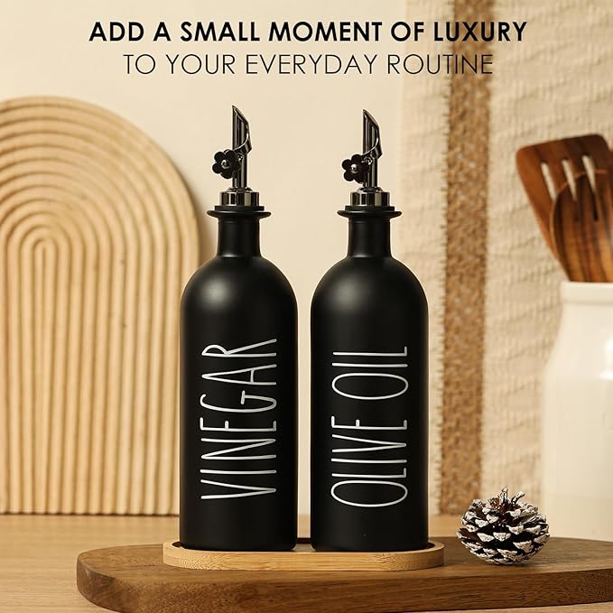 HOMCDALY 16oz Olive Oil Dispenser Bottles for Kitchen, Glass Black Oil&Vinegar Dispenser Set, Kitchen Olive Oil Bottles with Bamboo Tray| Set of 2 (16oz-P-Black)