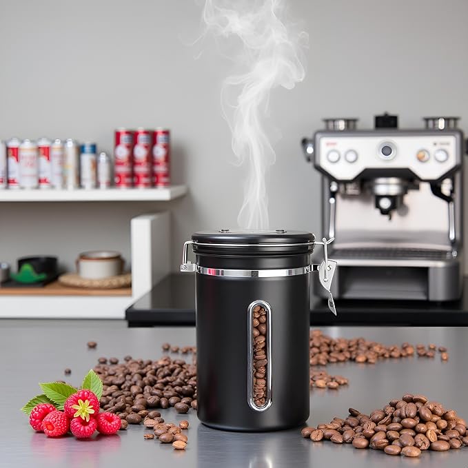Coffee Canister with Window, 22OZ Airtight Stainless Steel Food Storage Container, Home Kitchen Sugar Organizers Jar with Scoop for Beans, Rice,Tea, Flour, Cereal, Black