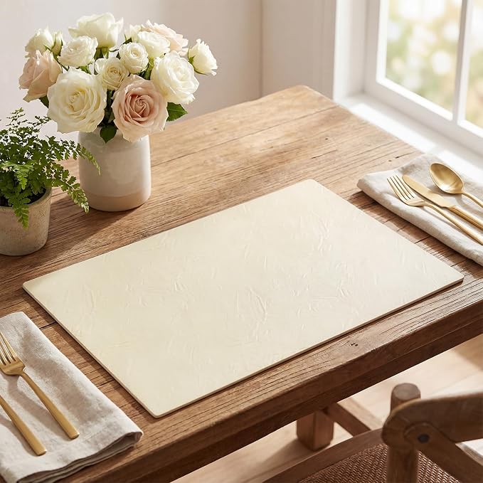 Artoid Mode Beige Faux Leather Placemats Set of 4, 12x18 Inch Waterproof Wipeable Heat Resistant Vinyl Place Mats, Reversible Table Mats for Kitchen Dining Decor