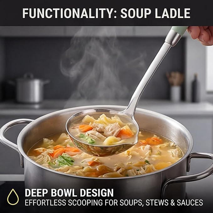 18/10 Stainless Steel Soup Ladle and Pasta Server Set, 2-Piece | Premium 18/10 stainless steel soup ladle and pasta server with ergonomic heat-resistant handles for everyday cooking.
