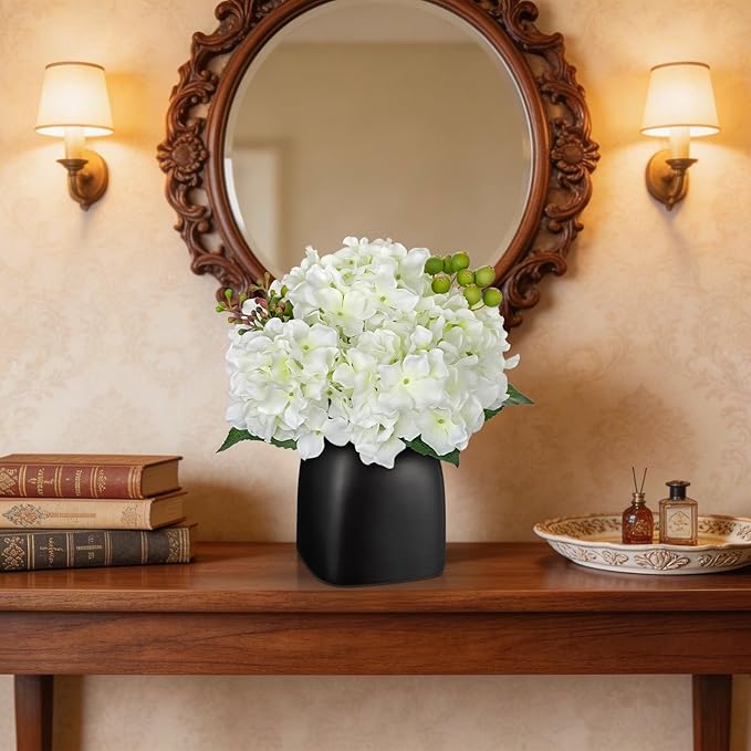 Briful Artificial White Hydrangea Arrangement in Matte Black Vase, Faux Floral Centerpiece with Green Berry, Modern Farmhouse Table Decor for Dining Room, Entryway, Living Room, Kitchen Coffee Office