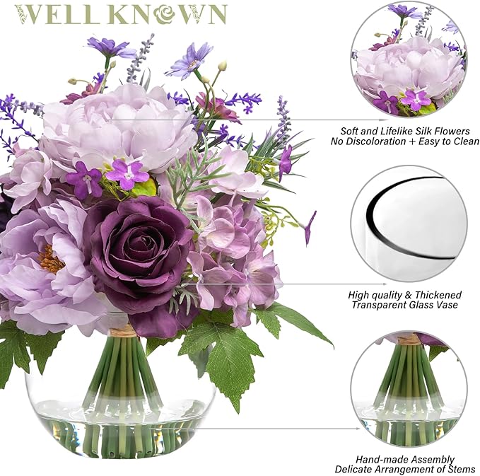 Artificial Flowers in Vase for Home Decor, Fake Lavender & Silk Peony Rose Bouquet Centerpieces in Glass Vase with Fake Water for Party Wedding Dinning Table Office Hotel Decor (Lavender Purple Mixed)