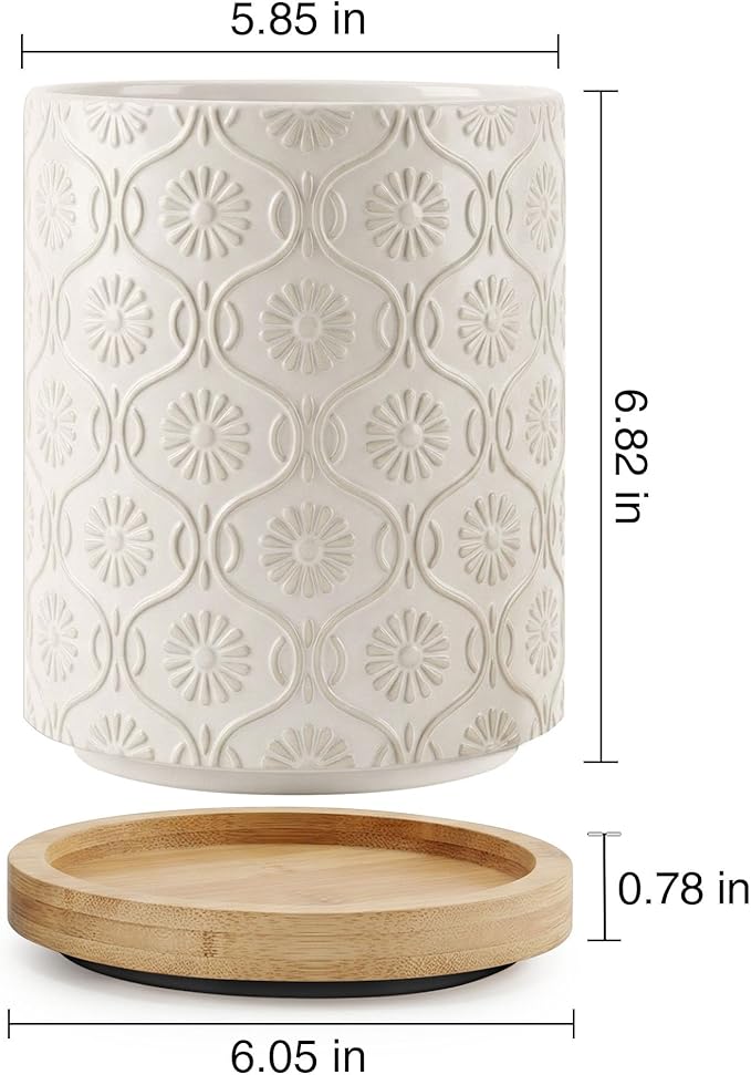 Utensil Holder, 360° Rotating Large Ceramic Kitchen Utensil Holder for Countertop, 5.8" Cooking Utensil Crocks for Kitchen Counter with Bamboo Base,Modern Farmhouse Decor (White)