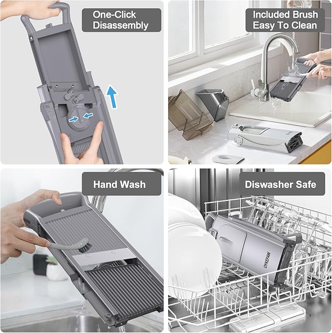 Safe Mandoline Slicer for Kitchen, 6 in 1 Vegetable Chopper, French Fry Cutter For Potatoes, Potato Slicer,Food Chopper,Adjustable Thickness 0.1-8 mm, With Peeler/Cleaning Brush (Deep Gray)