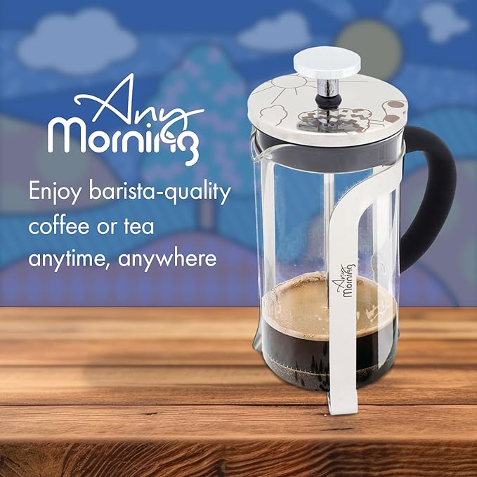 Any Morning French Press Coffee Maker,Tea & Coffee Press with Triple Stainless Steel Filter, small french press Coffee Brewer for Camping and Travel, Borosilicate Glass, 11 Oz, Black