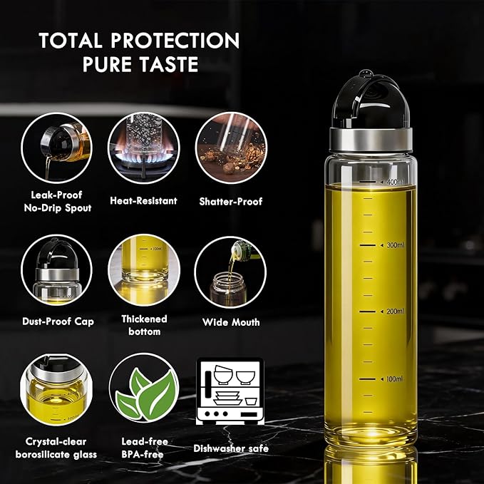 Leakproof Olive Oil Dispenser Bottle with No-Drip Spout - Shatterproof Borosilicate Glass with Dust Cover & Wide Mouth - Heat-Resistant 15oz Oil and Vinegar Cruet for Kitchen, Cooking, Salad Dressing